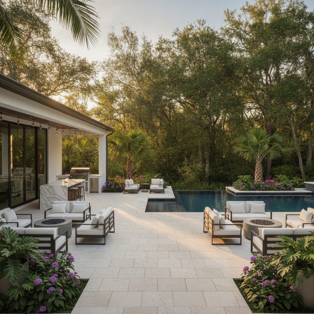 A finished Riviera Lifestyle backyard at golden hour
