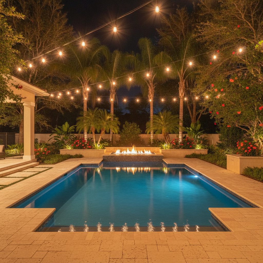 Backyard at night with string lights and lit pool, Winter Park