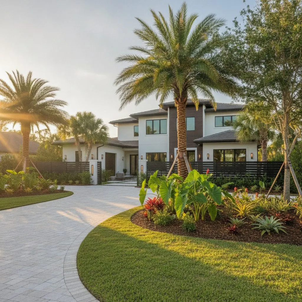 Curved lawn edged with layered tropical planting