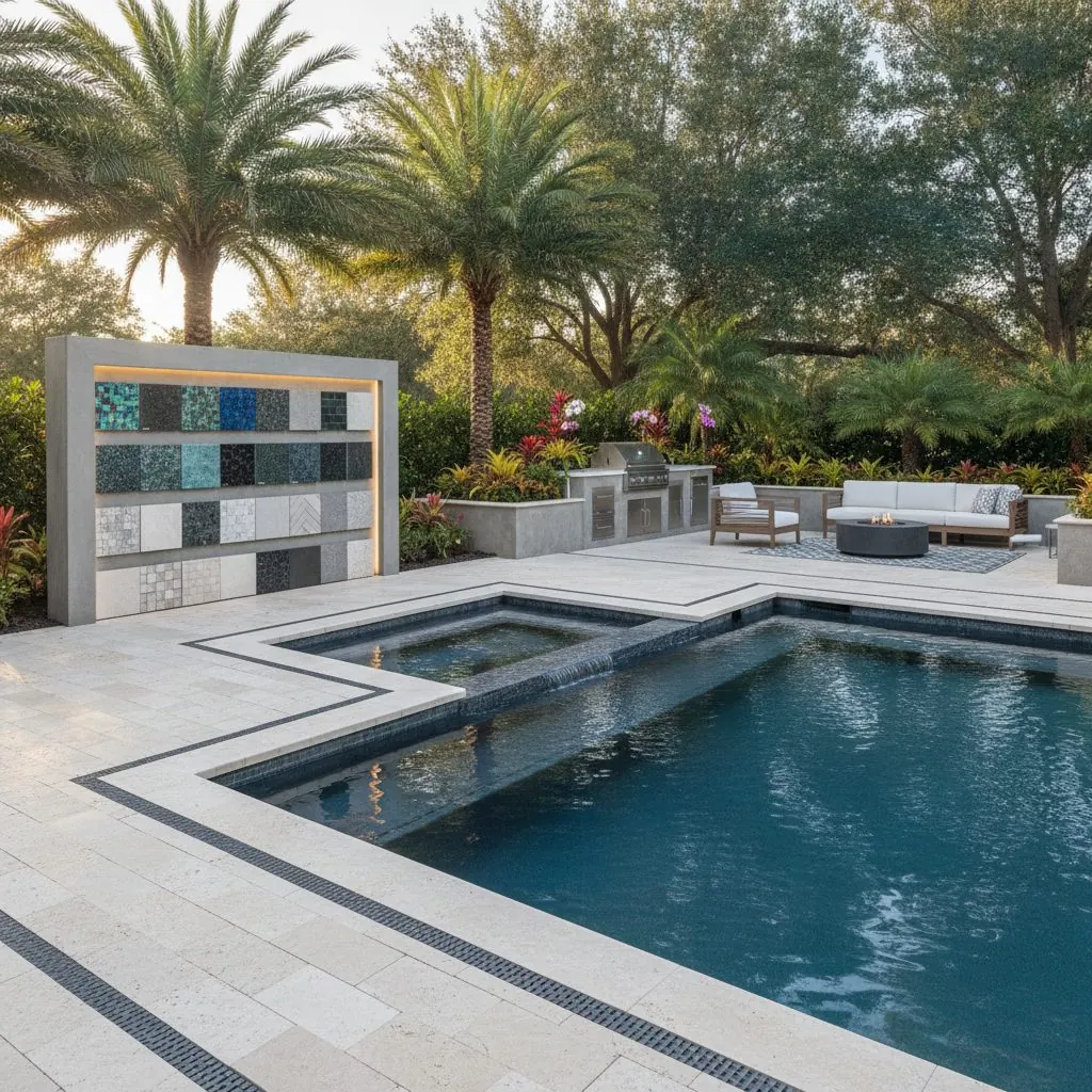 Outdoor material sample board beside a paver terrace