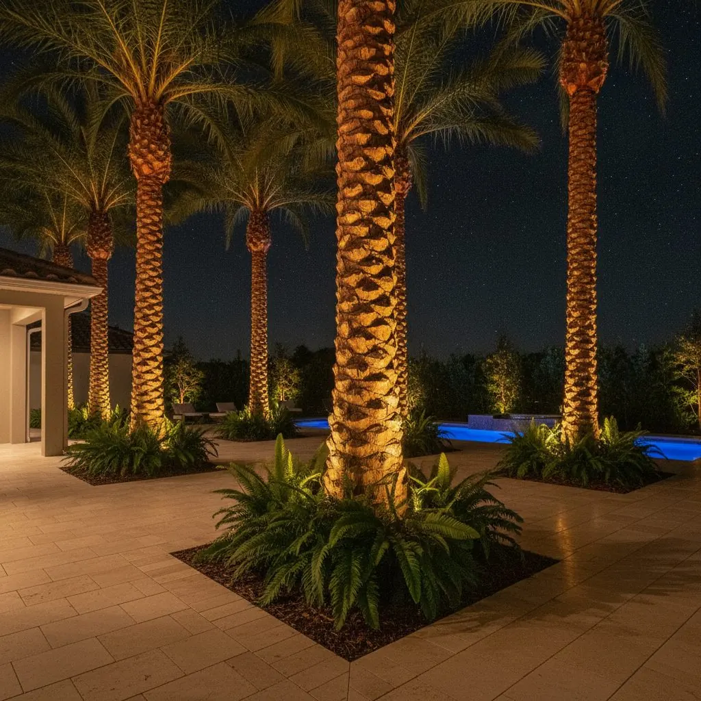 Palm trunks washed with warm landscape up-lighting at night