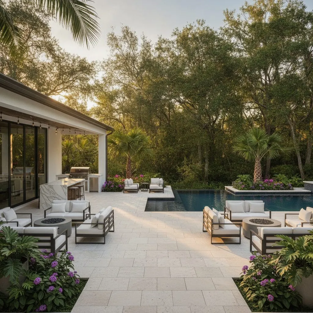 Bright patio with lounge seating beside the house