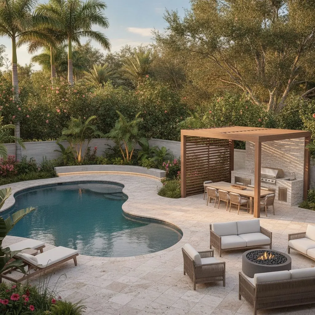 Pergola dining area beside lounge seating and a fire bowl