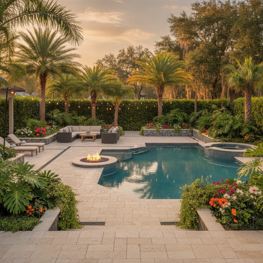 Family enjoying a lit pool and fire table on a Florida evening