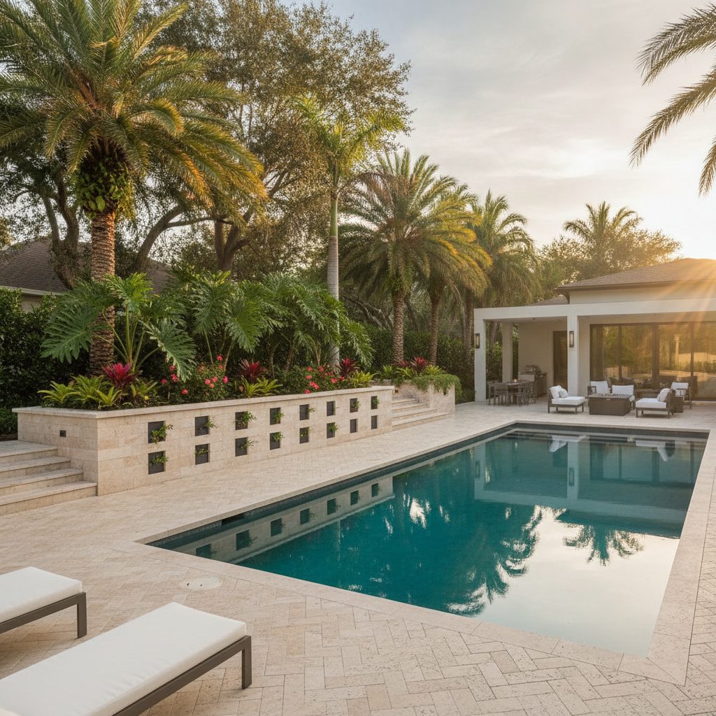 Travertine paver pool deck and seating wall