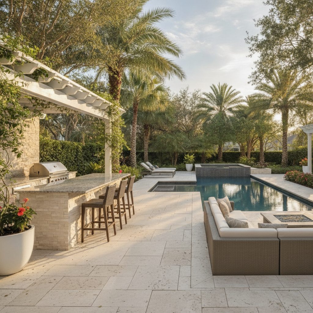 Outdoor kitchen with grill, bar and pergola