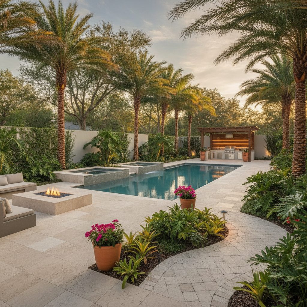 Layered landscaping with palms and accent lighting