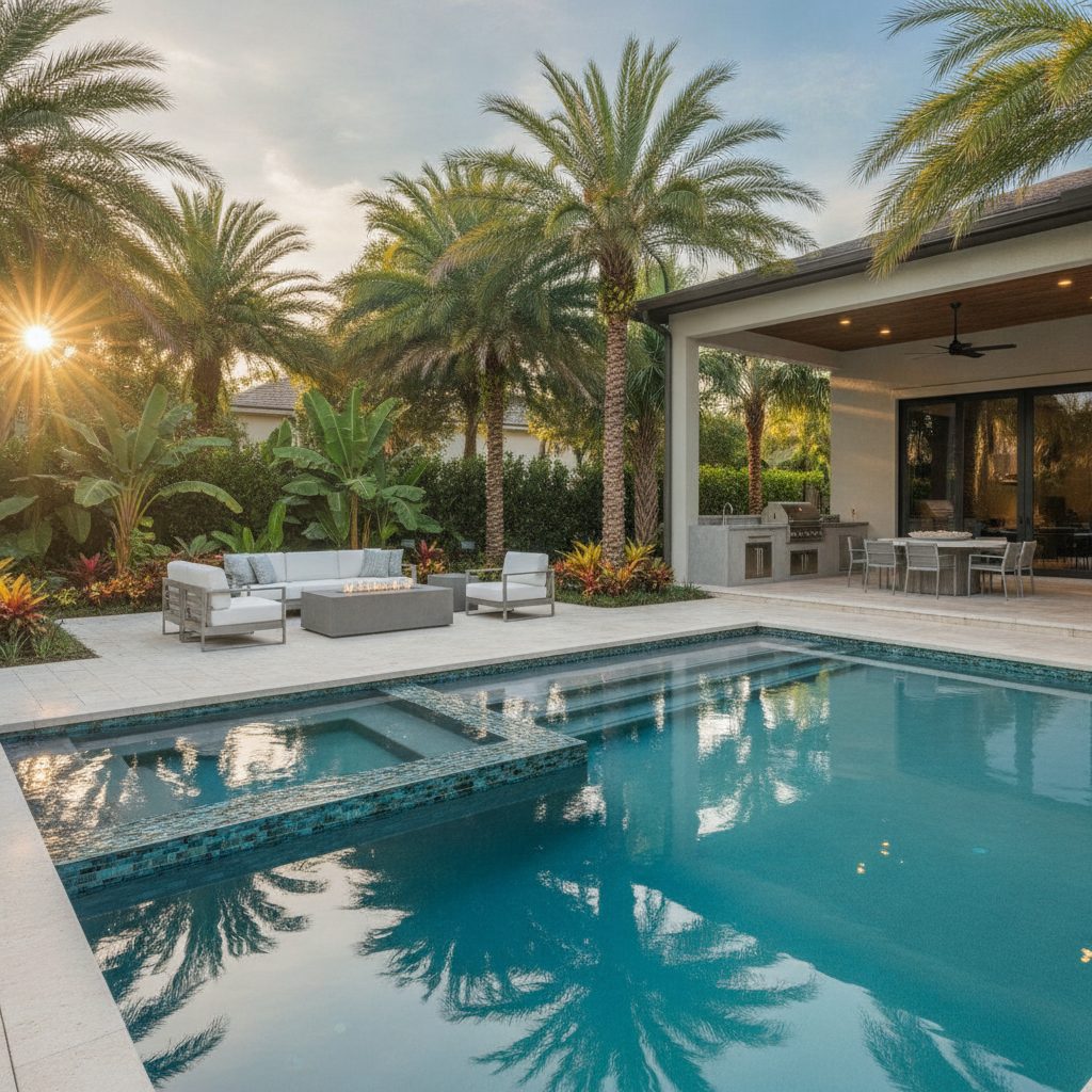 Custom pool with sun shelf and glass-tile waterline
